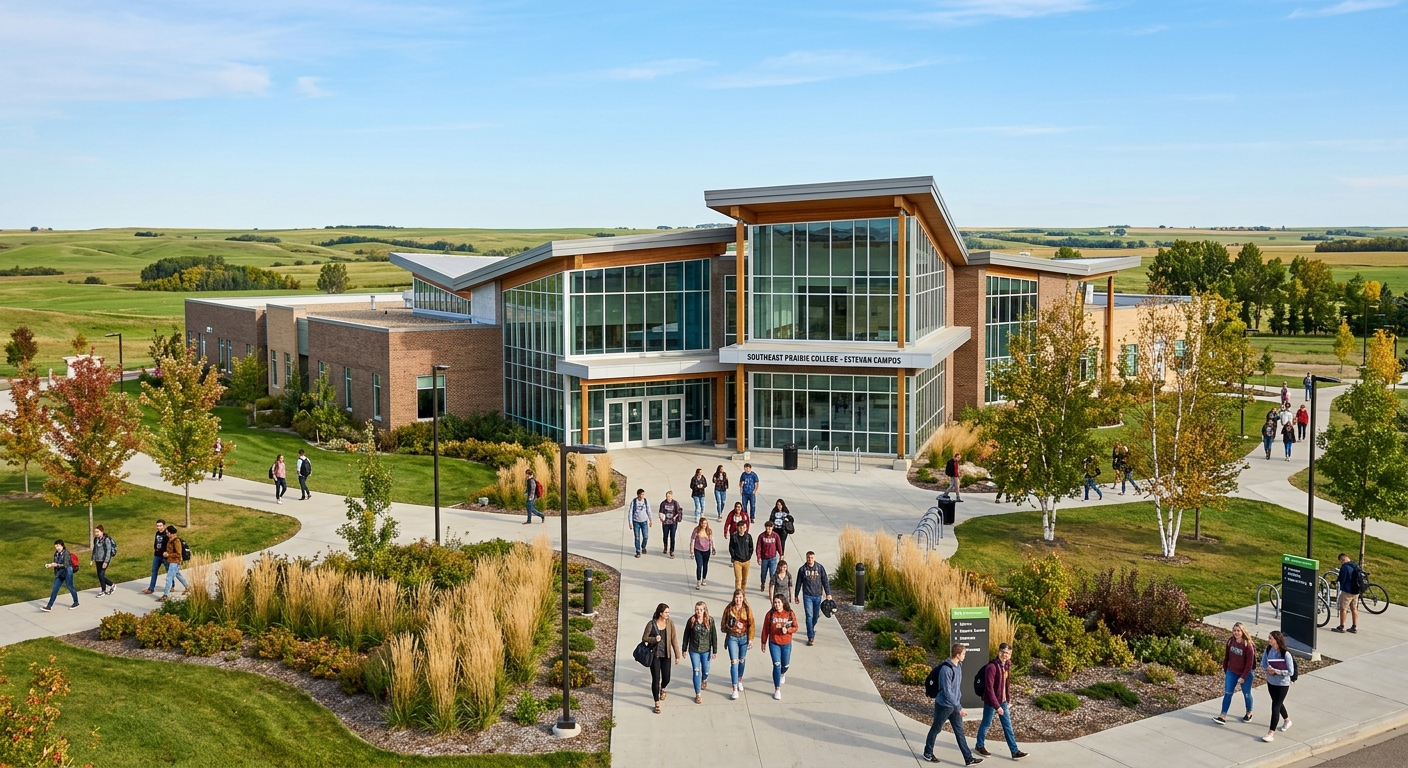 Modern college campus building in southeastern Saskatchewan, Canada, with students walking along pathways, green prairie landscape in the background, clear blue sky, welcoming educational environment