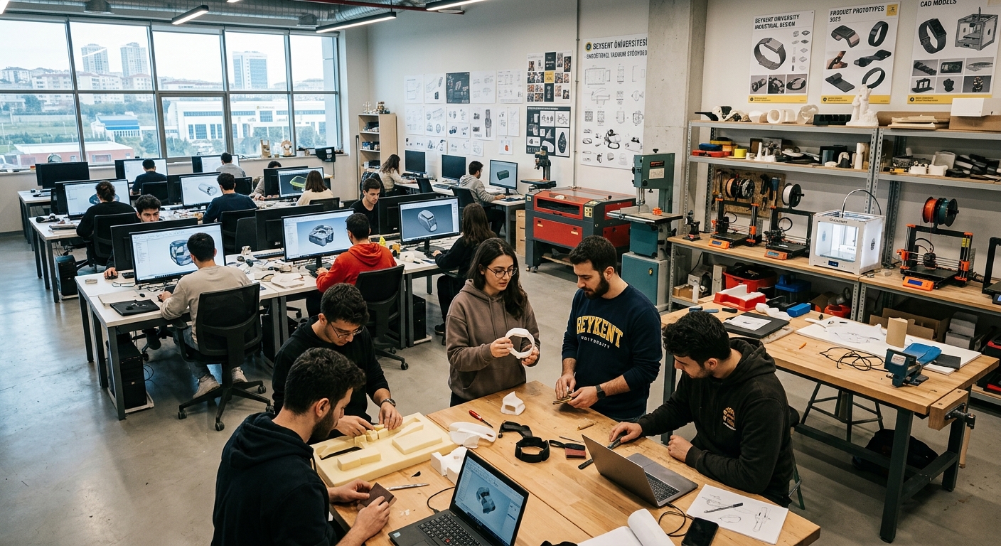 Modern industrial design studio at Beykent University Istanbul, students working on product prototypes and 3D models, well-equipped workshop with model-making tools, computer labs with CAD software, bright creative workspace with design sketches on walls