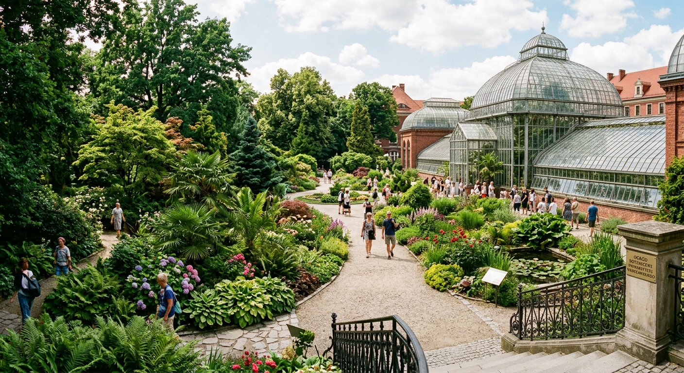 University of Wroclaw Botanical Garden with lush greenery, exotic plants, glass greenhouses, and winding pathways in summer