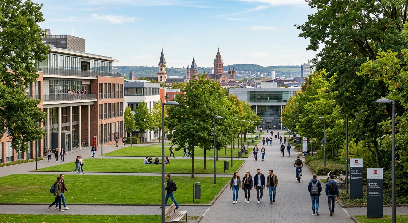 Johannes Gutenberg University Mainz campus with modern faculty buildings, green lawns, students walking along tree-lined pathways, Rhineland-Palatinate Germany skyline in background