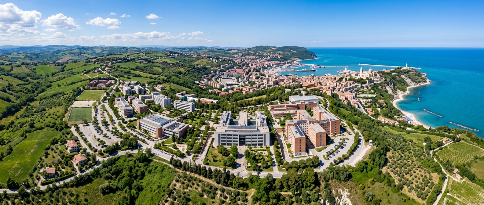 Panoramic aerial view of Marche Polytechnic University Monte Dago campus in Ancona, Italy, with modern university buildings surrounded by green hills, the Adriatic Sea coastline visible in the background, bright sunny day
