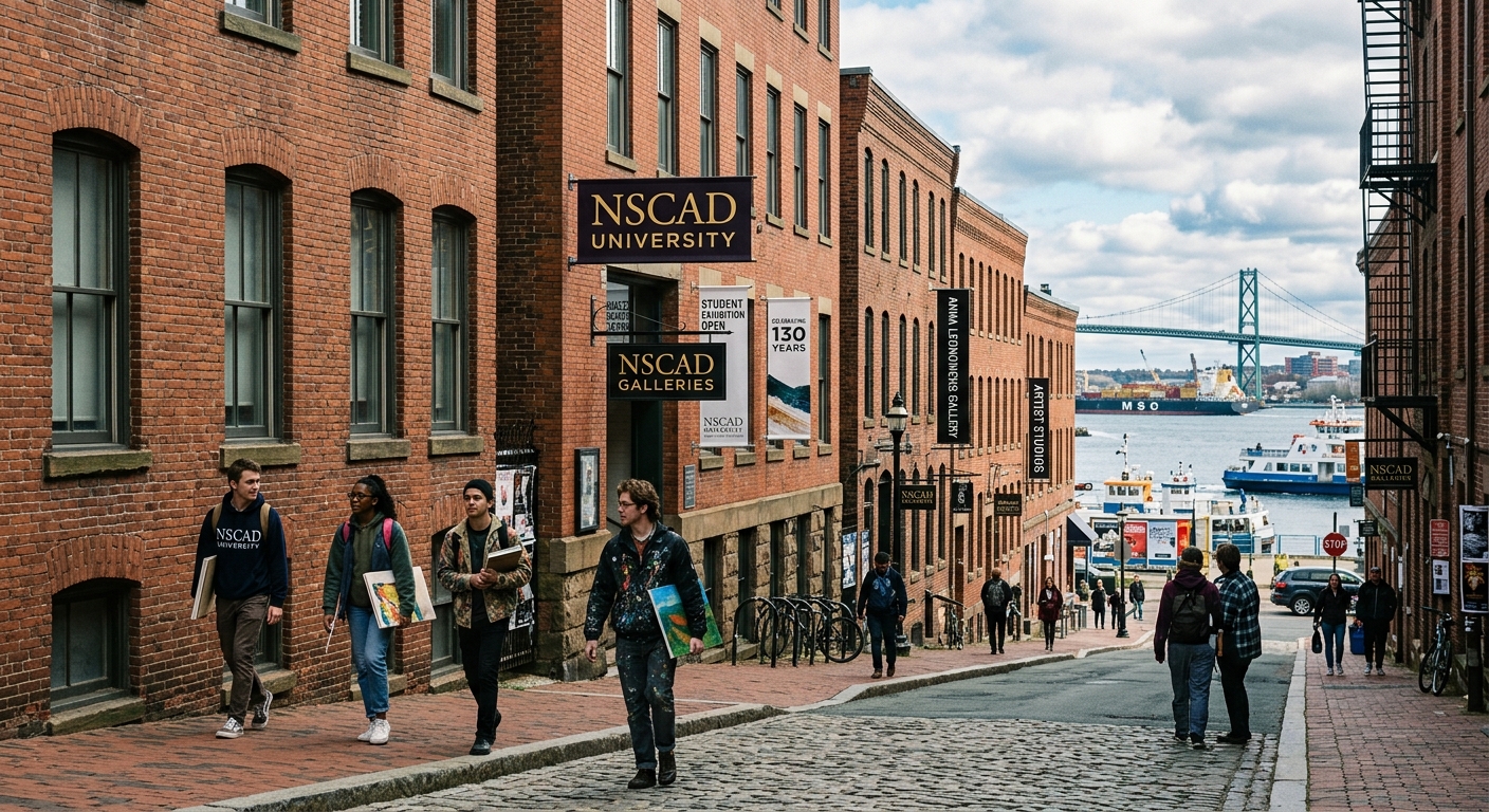 Historic brick campus buildings of NSCAD University in downtown Halifax, Nova Scotia, with art students walking between studios, harbor visible in background, creative urban atmosphere with gallery signage