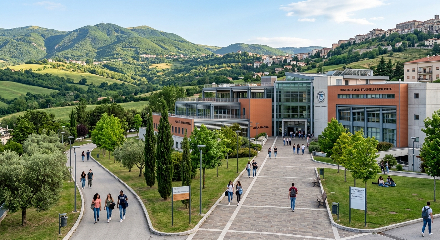 Modern engineering campus building at University of Basilicata in Potenza, Italy, with green hills of the Basilicata region in the background, students walking along tree-lined pathways, clear Mediterranean sky