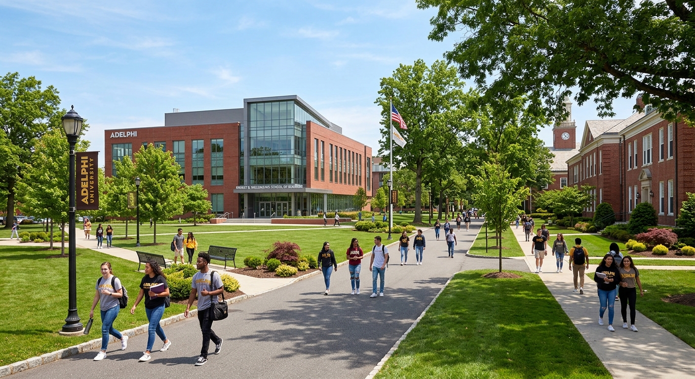 Modern campus of Adelphi University in Garden City, New York, featuring red-brick academic buildings surrounded by lush green lawns, students walking along tree-lined pathways, with the Robert B. Willumstad School of Business visible in the background under a clear blue sky