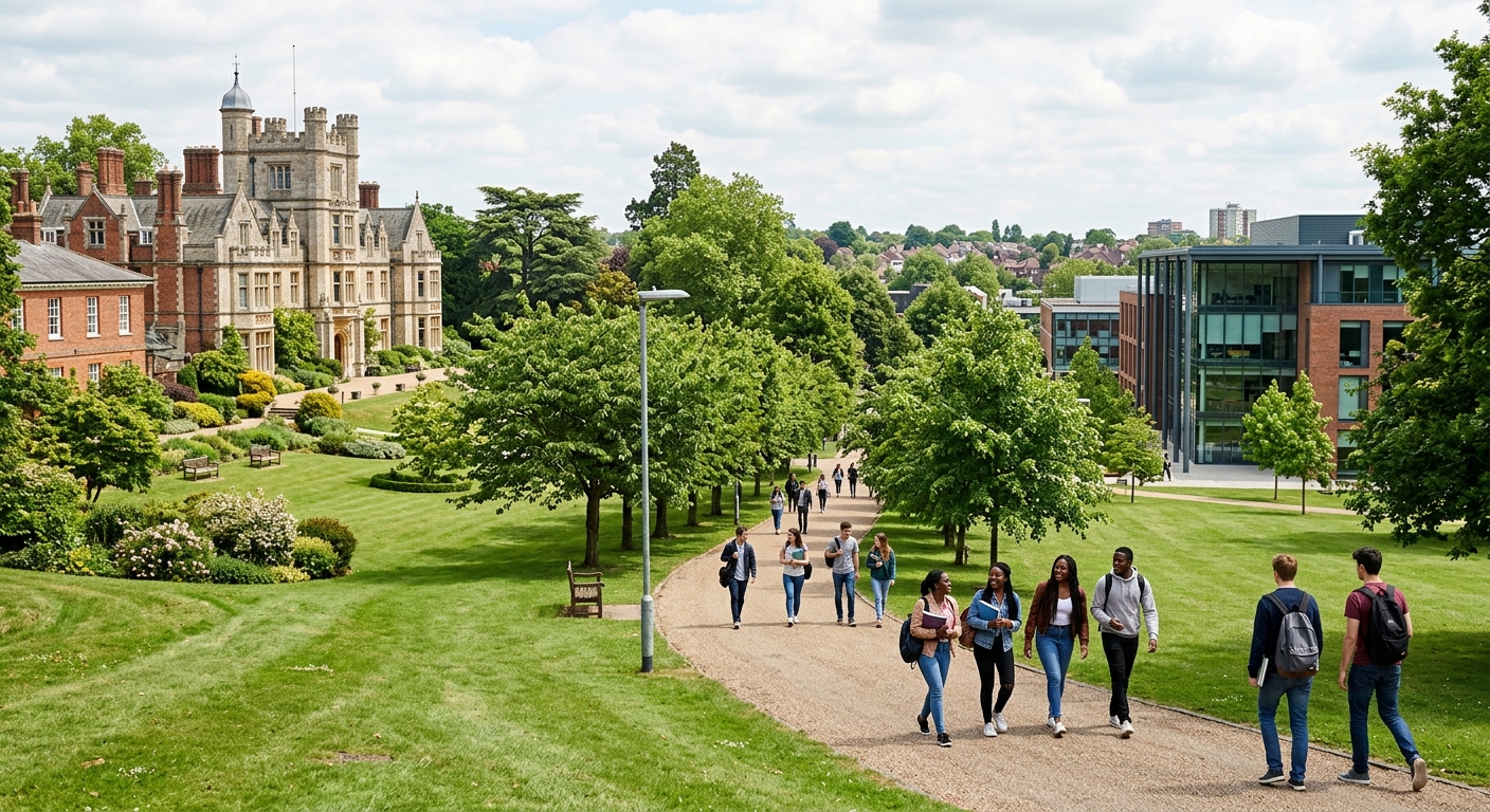 Historic University of Roehampton campus with green parkland and traditional college buildings in southwest London, students walking along tree-lined paths, modern academic facilities visible in the background