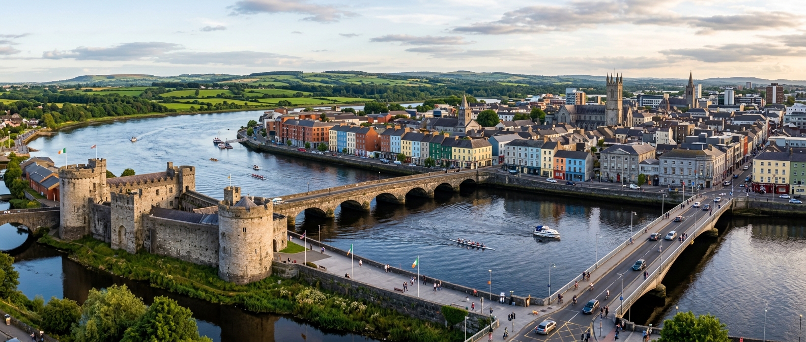 Panoramic view of Limerick city skyline along the River Shannon, King John's Castle in foreground, colourful Georgian buildings, bridges crossing the river, green Irish countryside in distance