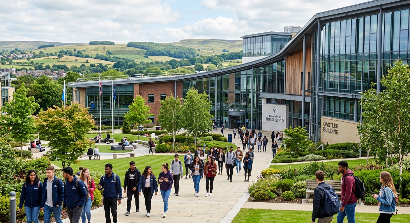 University of Huddersfield modern campus building with students walking through the courtyard, green landscaped grounds, contemporary architecture with glass facades, West Yorkshire countryside in the background