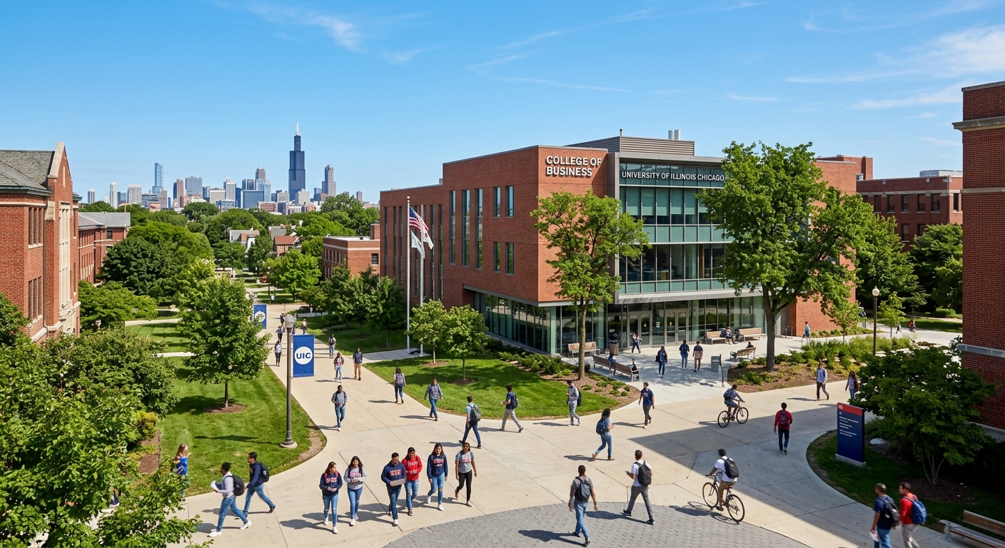 Modern suburban university campus with red brick buildings surrounded by green trees, students walking along pathways near the College of Business building, Chicago skyline visible in the distance, clear blue sky