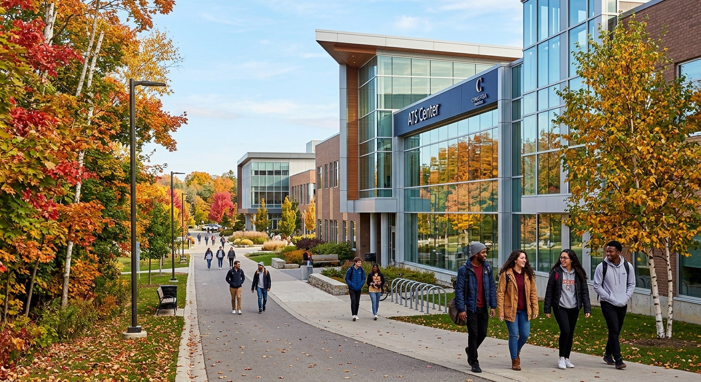 Modern college campus building at Conestoga College Kitchener Doon campus, students walking along tree-lined pathways, contemporary architecture with glass facades, Canadian autumn setting with colorful foliage
