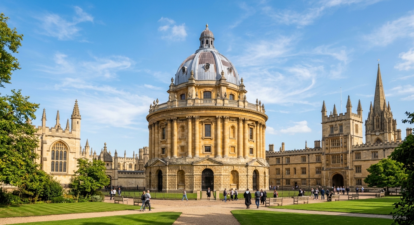 Radcliffe Camera circular domed library building in golden Cotswold stone, surrounded by green lawns and historic Oxford buildings, blue sky with wispy clouds