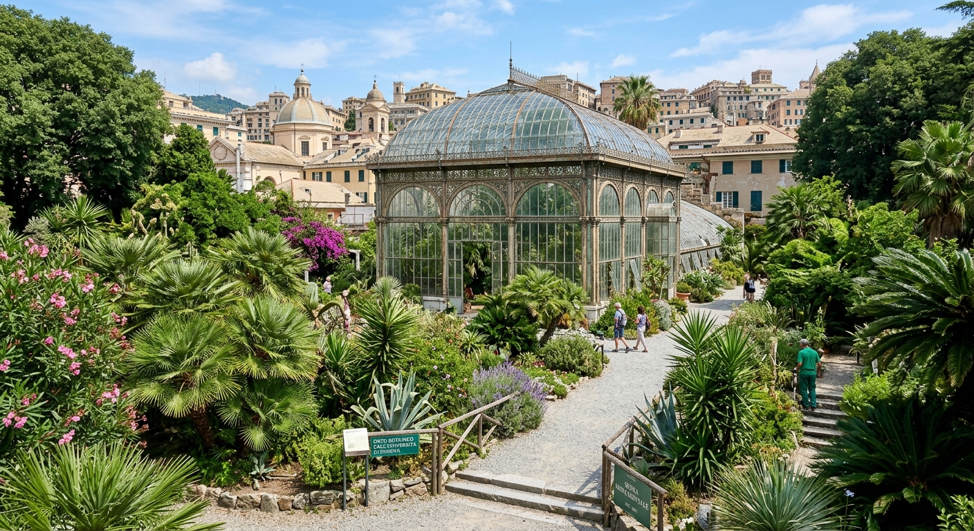 University of Genoa Botanical Garden (Orto Botanico), lush green plants and historic greenhouse structures in the city center, Mediterranean vegetation