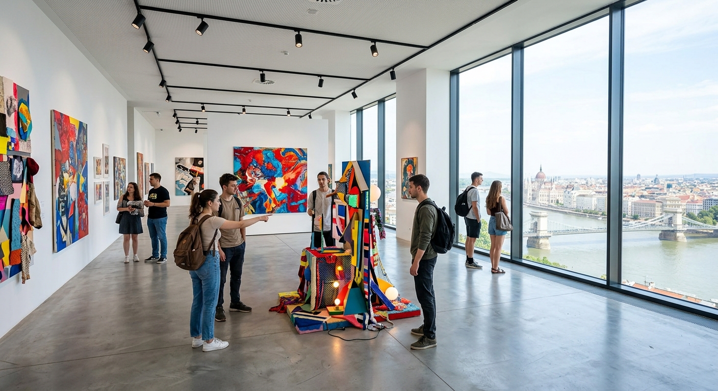 Modern art gallery interior at Budapest Metropolitan University with students examining contemporary art installations, bright white walls with colorful artwork, large windows overlooking Budapest cityscape