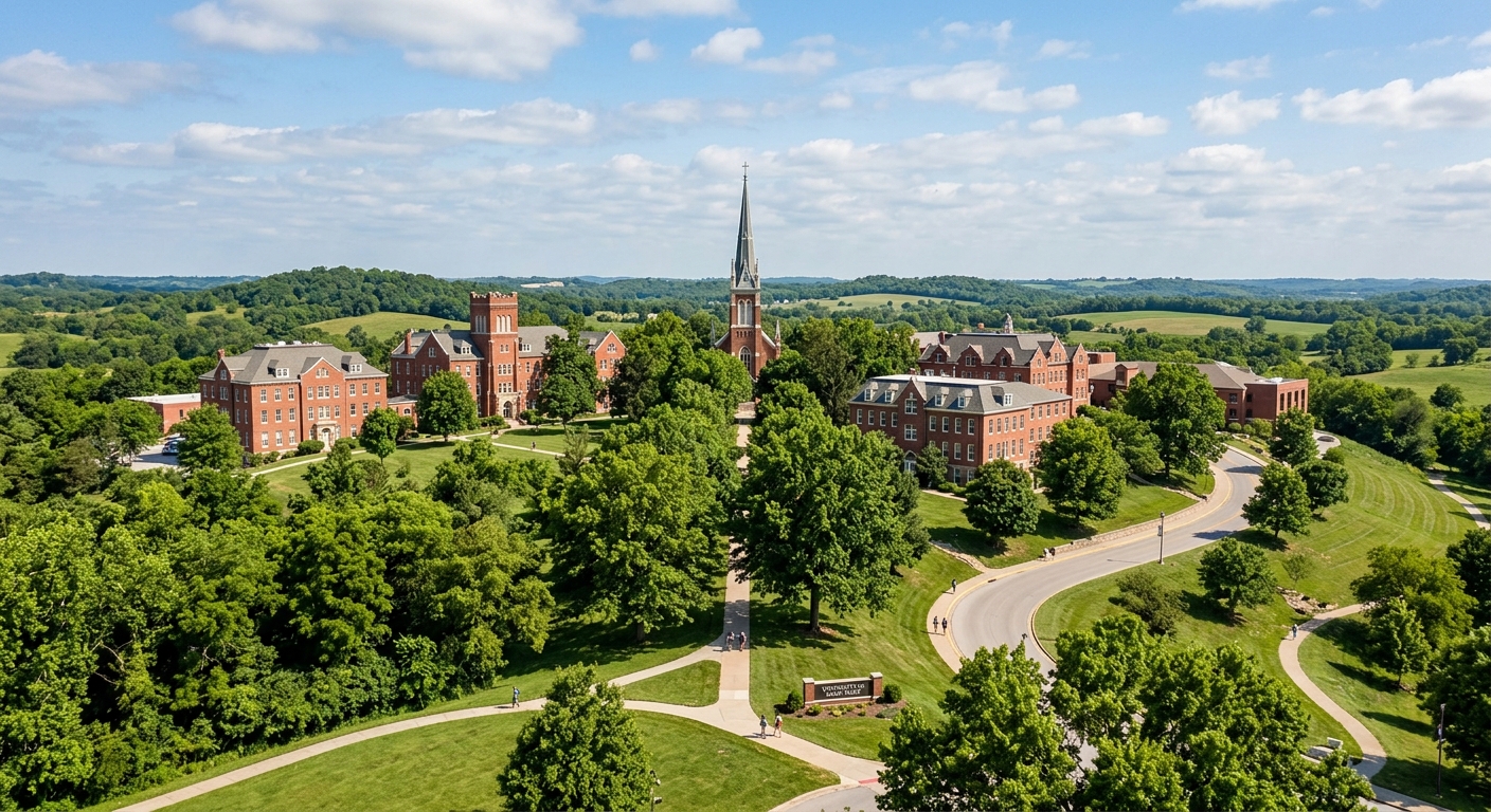 University of Saint Mary campus wide shot, historic brick buildings nestled among rolling green hills in Leavenworth Kansas, Annunciation Chapel spire visible, blue sky with scattered clouds, lush trees surrounding campus