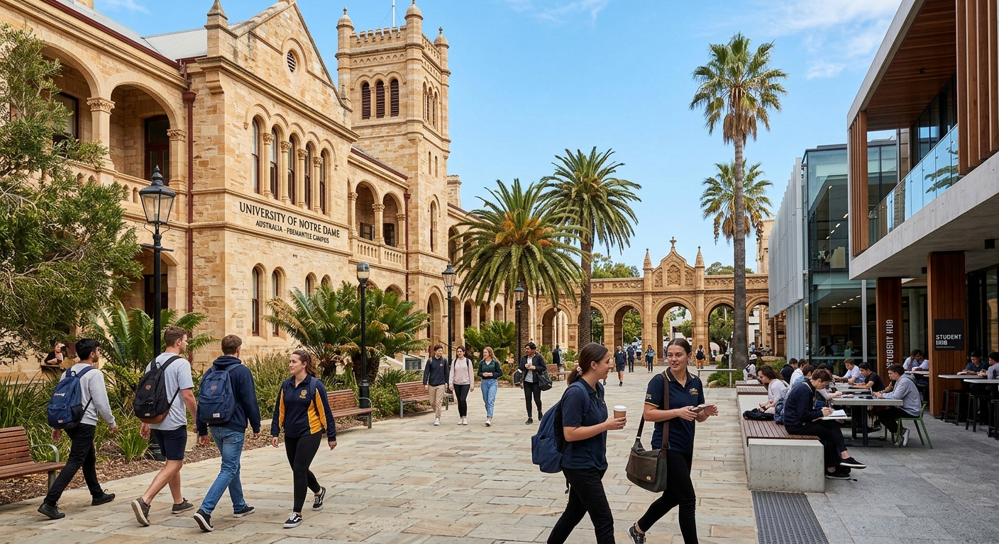 Historic sandstone university buildings in Fremantle Western Australia with students walking through a courtyard, palm trees and blue sky, modern campus blending heritage architecture with contemporary learning spaces