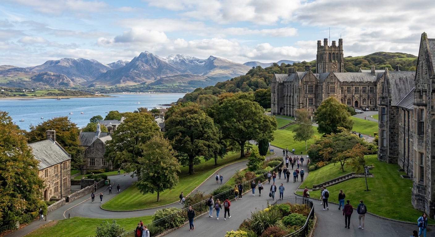 Historic Bangor University campus with stone buildings set against the dramatic backdrop of Snowdonia mountains and the Menai Strait, students walking along tree-lined pathways in North Wales