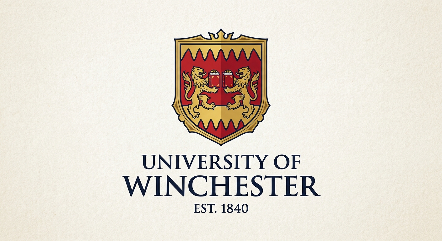 University of Winchester official logo featuring a heraldic shield with indented pattern inspired by King Alfred the Great, golden lions holding red books, university name in dark text
