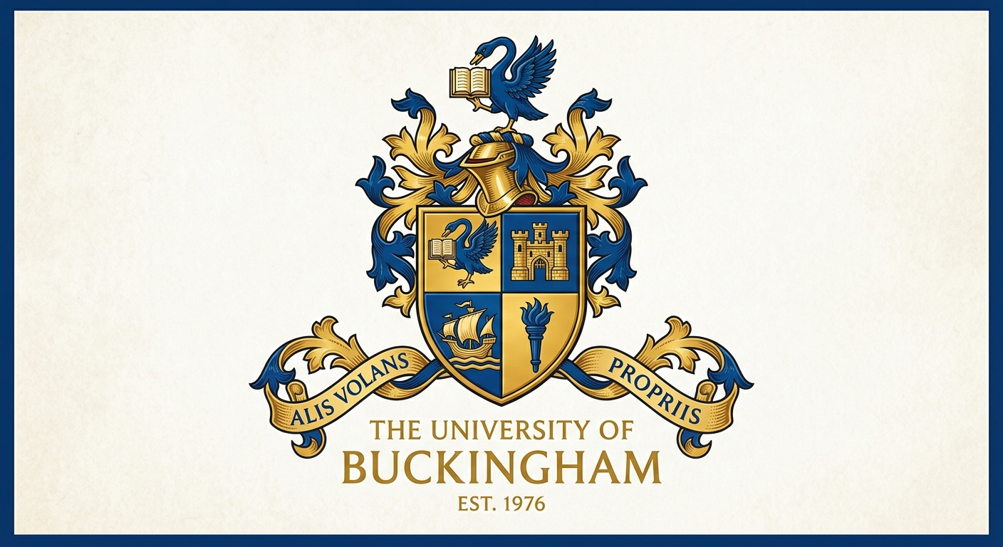 University of Buckingham official logo, shield crest with motto Alis Volans Propriis, blue and gold colour scheme