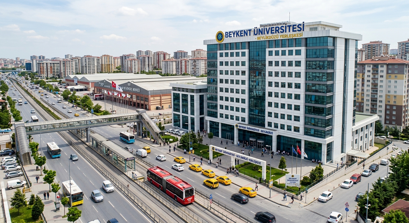 Beykent University Beylikduzu campus building, multi-story modern structure near Tuyap Exhibition Center, urban Istanbul setting with surrounding residential area