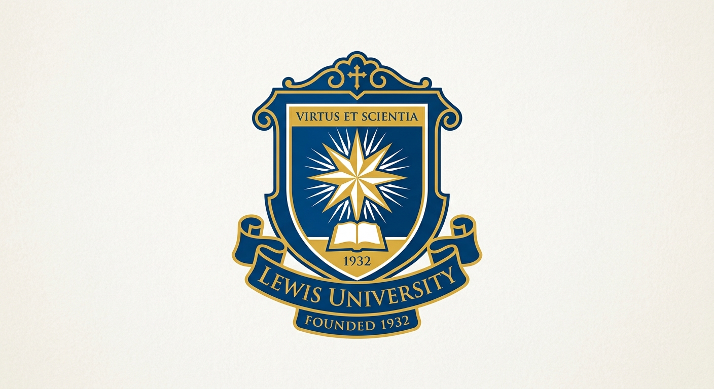 Lewis University official logo, blue and white shield emblem with Lasallian star and university name text