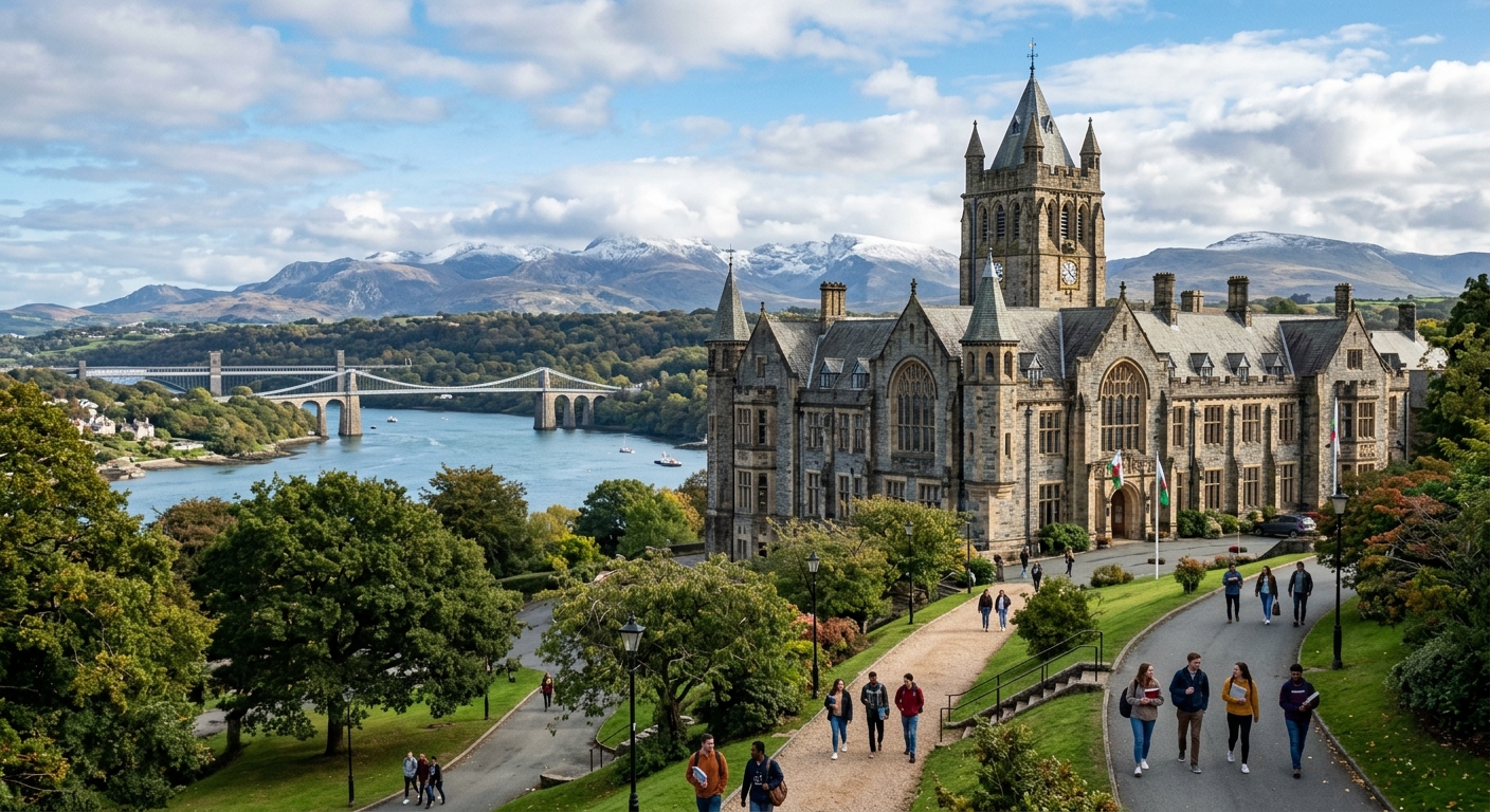 Historic Bangor University main arts building with stone architecture, set against the backdrop of Snowdonia mountains and the Menai Strait in North Wales, students walking on tree-lined pathways