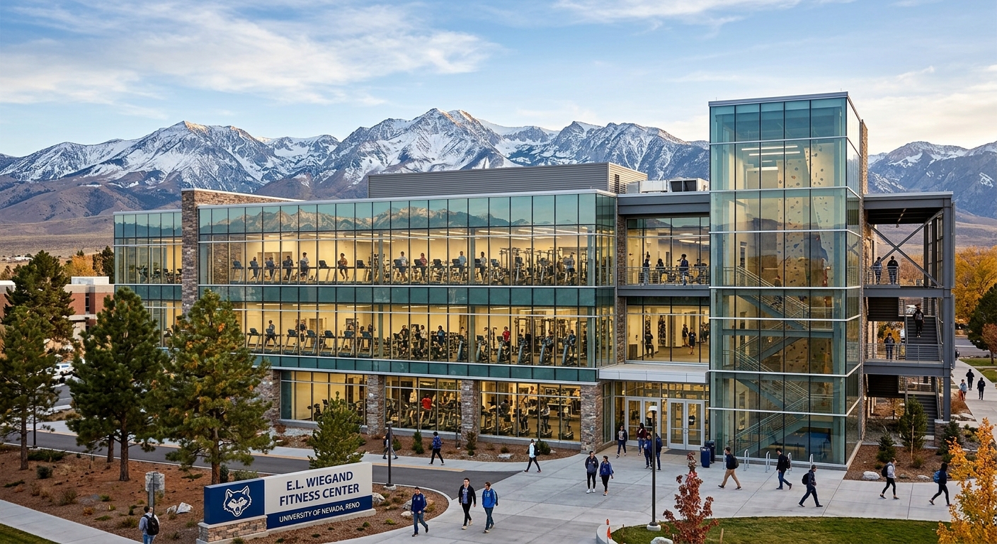 E.L. Wiegand Fitness Center at University of Nevada Reno, large modern athletic facility with glass facade, students exercising inside, mountain views
