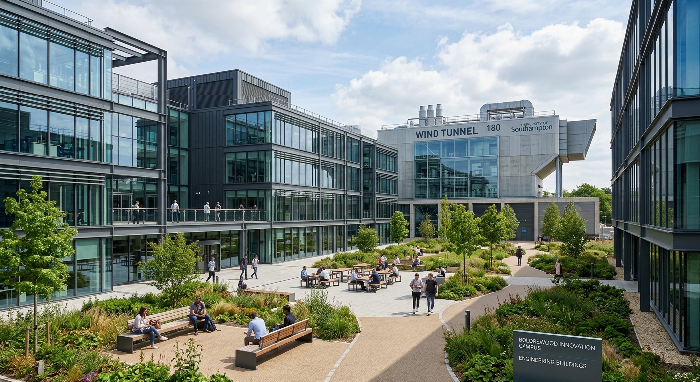 Boldrewood Innovation Campus modern engineering buildings, glass and steel architecture, wind tunnel facility visible, landscaped courtyard with seating areas