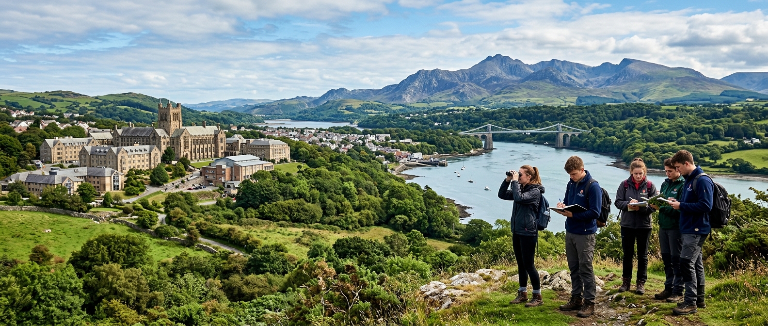 Panoramic view of Bangor University campus nestled between Snowdonia mountains and the Menai Strait, lush green Welsh countryside, students conducting fieldwork in a nature reserve with binoculars and notebooks, dramatic coastal landscape