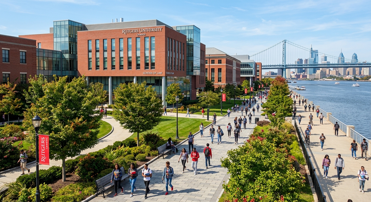 Rutgers University Camden campus buildings along the Camden Waterfront, modern academic facilities with red brick architecture, green trees and walkways, students walking between classes on a sunny day in New Jersey