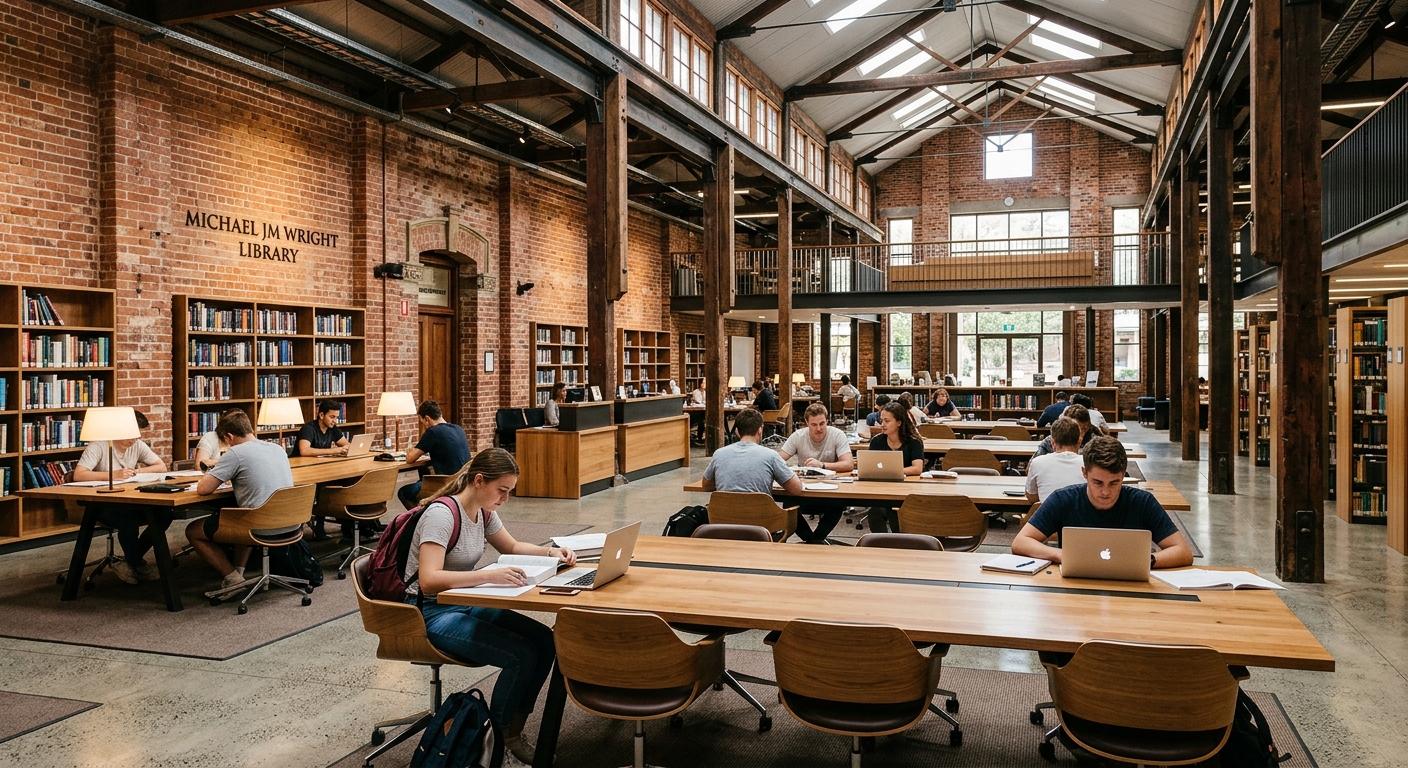 Michael JM Wright Library interior at University of Notre Dame Australia Fremantle, converted heritage warehouse with exposed brick walls, modern study desks, students reading and studying