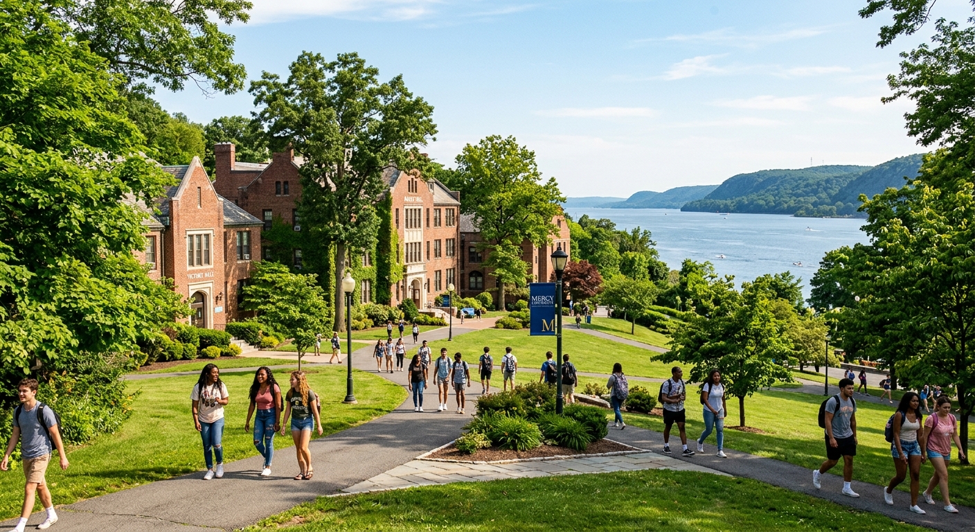 Mercy University campus in Dobbs Ferry New York, brick academic buildings surrounded by green trees, Hudson River visible in background, students walking along pathways on a sunny day