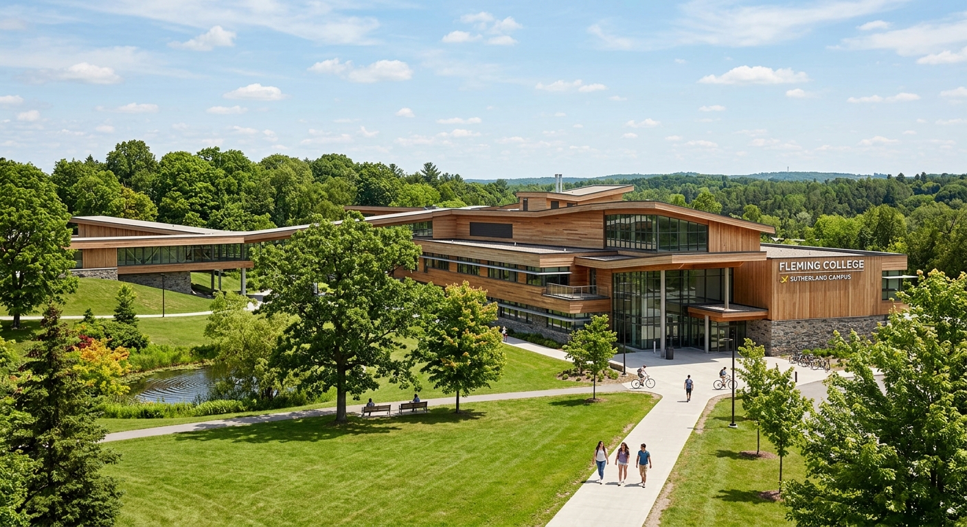 Fleming College Sutherland Campus main building exterior, modern architecture designed by Ronald Thom, surrounded by green lawns and mature trees in Peterborough Ontario