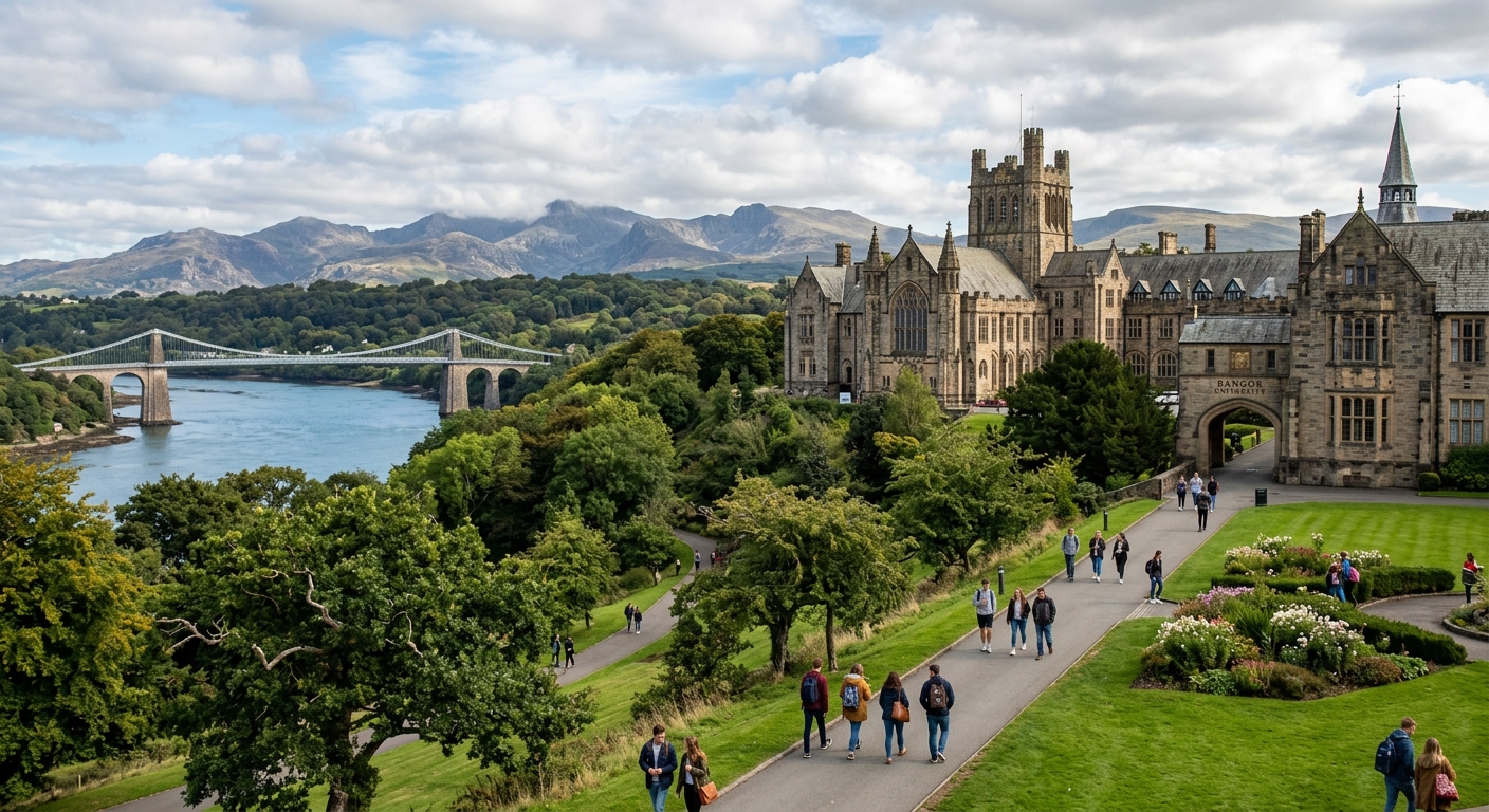 Historic Bangor University campus with Victorian stone buildings nestled between Snowdonia mountains and the Menai Strait in North Wales, lush green grounds, students walking along tree-lined paths under a partly cloudy sky