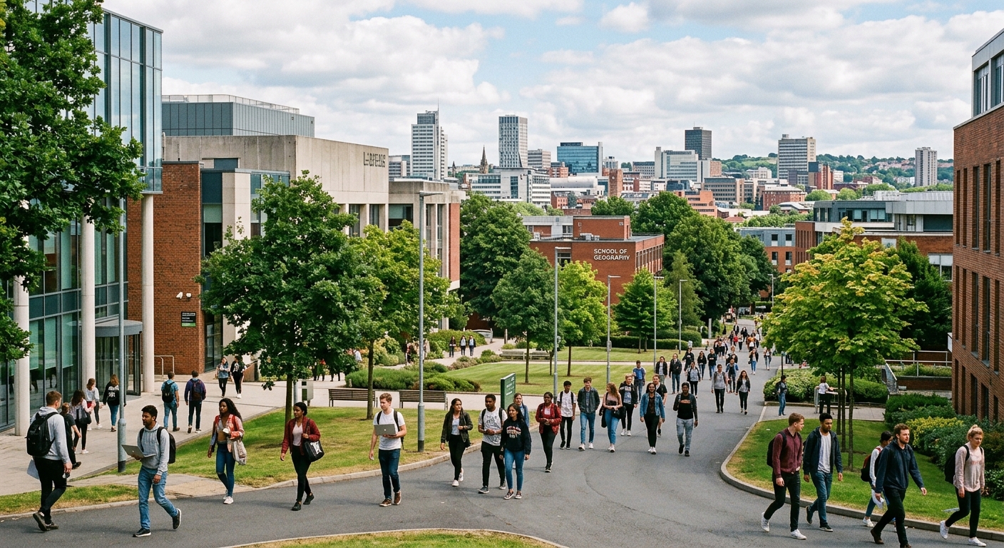 University of Leeds campus with modern academic buildings, students walking along tree-lined pathways, School of Geography building visible in the background, vibrant city skyline of Leeds, United Kingdom, under a partly cloudy sky