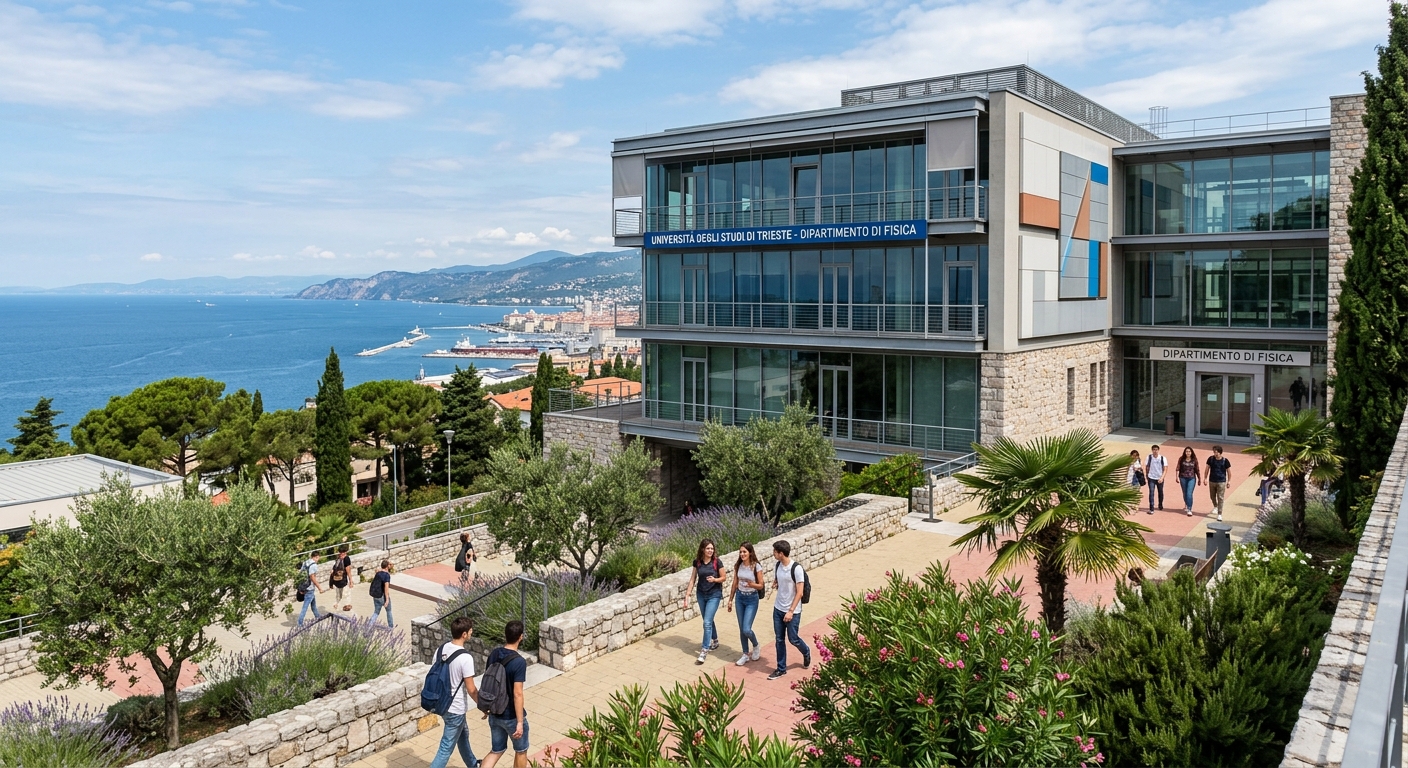University of Trieste Department of Physics building on Via Valerio campus, modern scientific facility with coastal Adriatic Sea backdrop, students walking through Mediterranean-style campus grounds in Trieste, Italy
