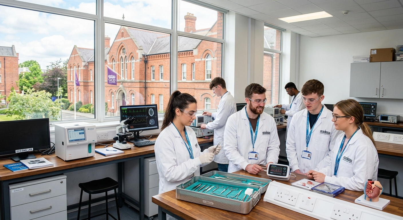 Modern medical device laboratory with students examining surgical instruments and diagnostic equipment, Griffith College Dublin campus with historic red-brick buildings in background, bright professional lighting