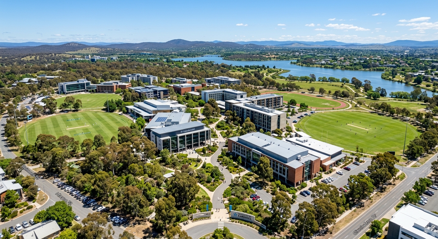 University of Canberra Bruce campus wide aerial view, modern university buildings surrounded by native Australian gardens and eucalyptus trees, green ovals and walking paths, Lake Ginninderra visible in the background, clear blue sky over Canberra