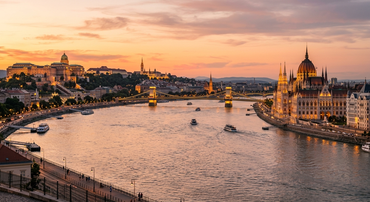 Budapest cityscape panorama showing the Danube River, Hungarian Parliament Building, Chain Bridge, Buda Castle on the hill, golden hour lighting, European capital city