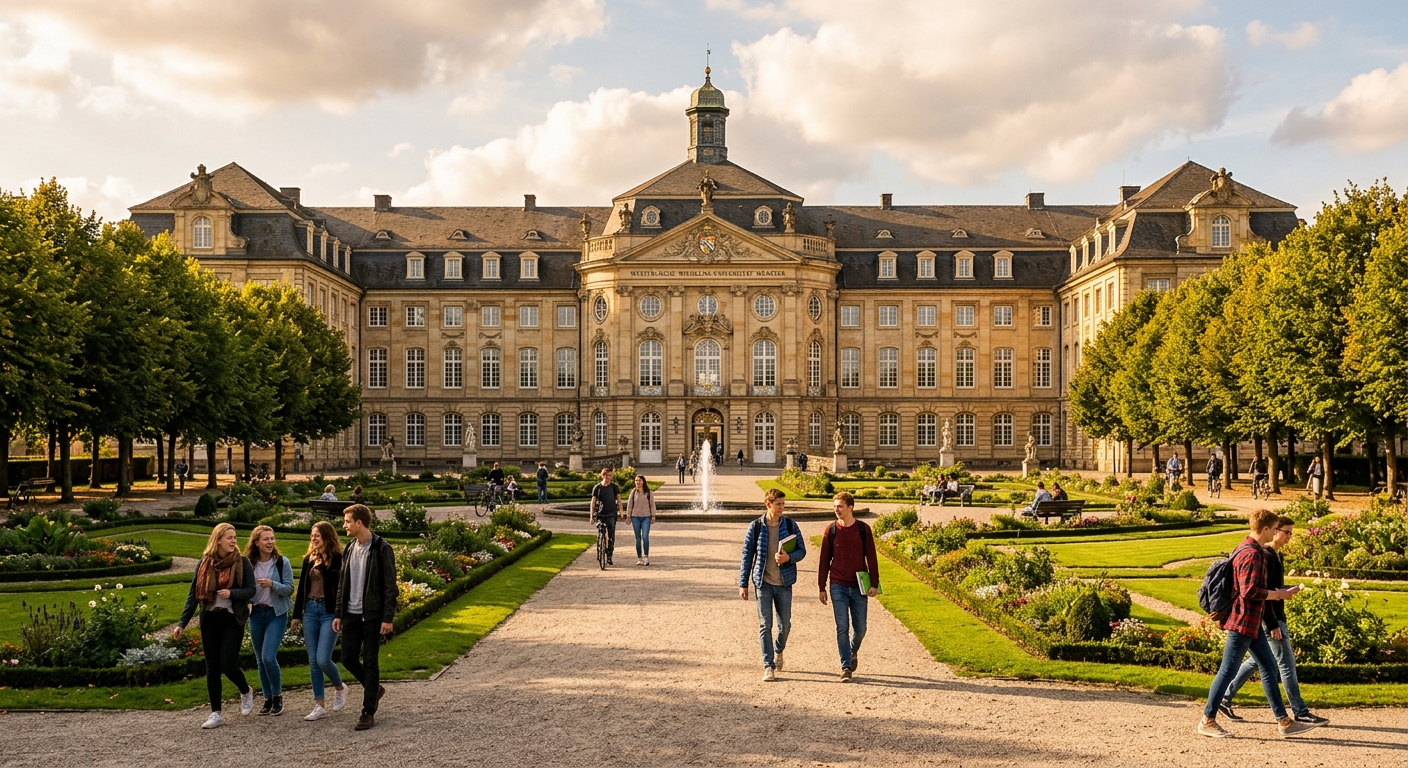 Münster Schloss Baroque palace front facade with manicured gardens, serving as the University of Münster main building, golden afternoon light, students walking along tree-lined paths