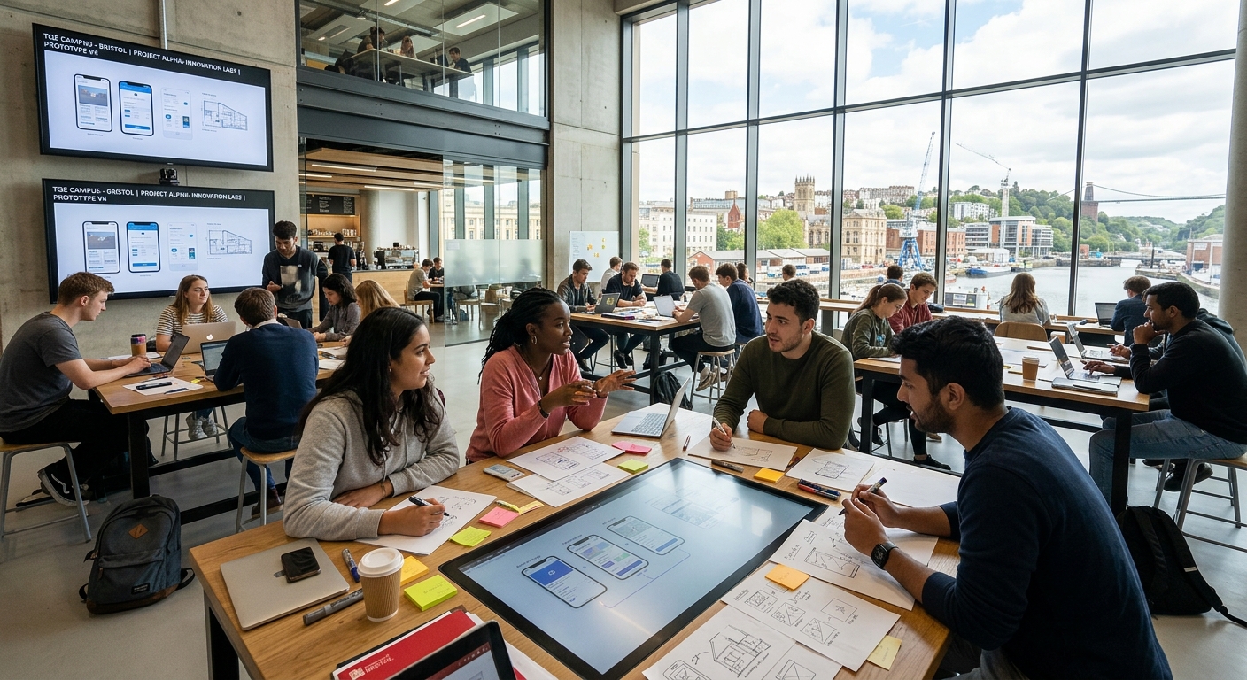 Modern Temple Quarter Enterprise Campus at University of Bristol, collaborative open-plan workspace with creative students brainstorming around design tables, large digital screens displaying prototypes, natural light streaming through floor-to-ceiling windows, Bristol cityscape visible in background