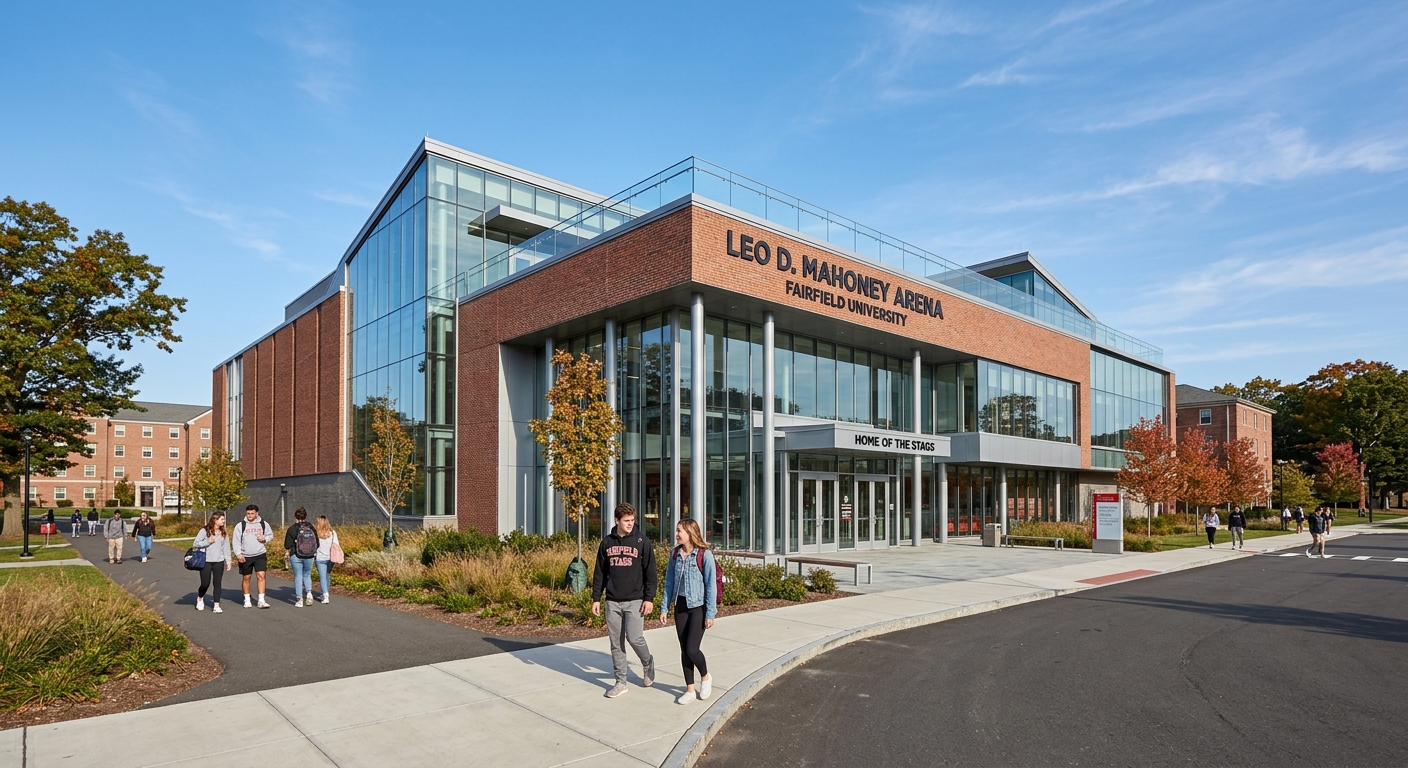 Leo D. Mahoney Arena exterior at Fairfield University, modern glass and brick sports facility, clear sky, students walking nearby
