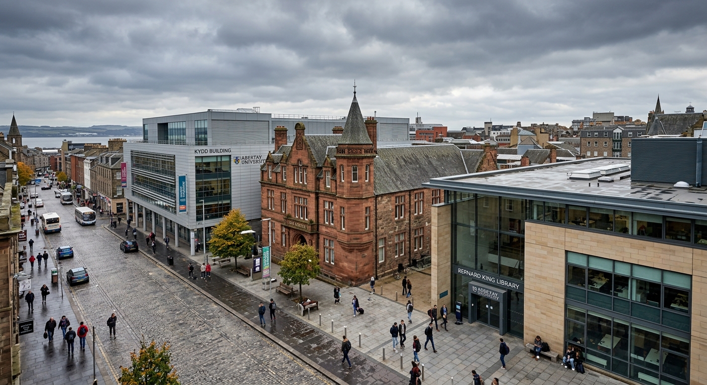 Abertay University campus wide shot in Dundee city centre, Bell Street complex with Old College and Kydd Building, Bernard King Library in foreground, modern urban Scottish architecture, overcast sky typical of Scotland