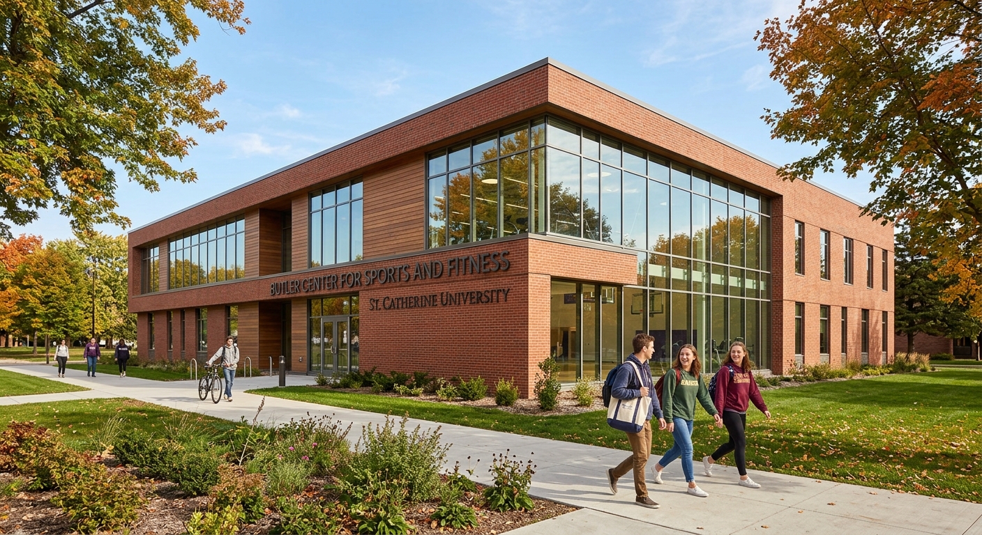 Butler Center for Sports and Fitness at St. Catherine University, a modern athletic facility with gymnasium, pool, and fitness areas, students walking outside