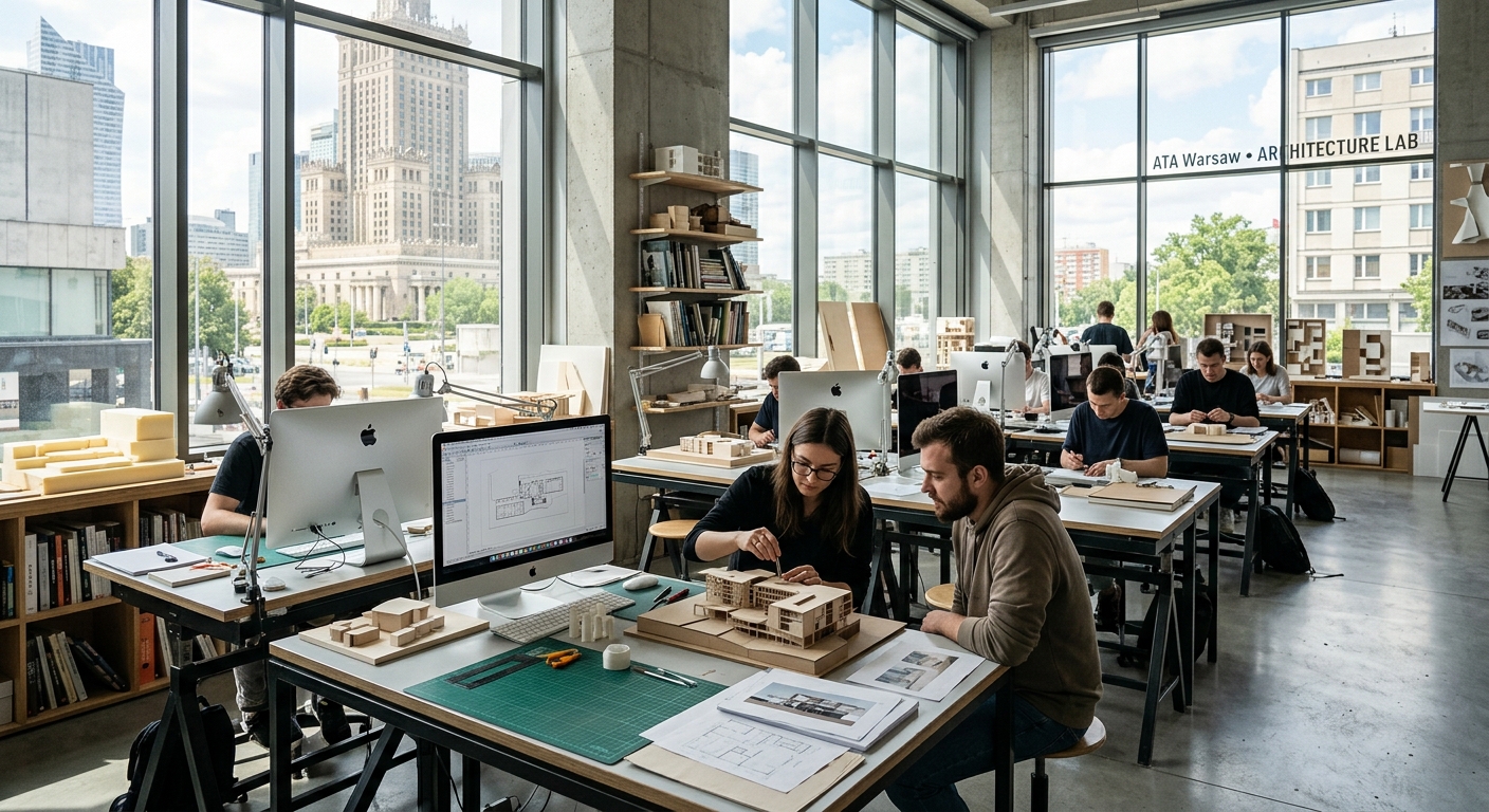 Modern architecture laboratory at ATA Warsaw with students working on architectural models, large windows, natural light, drafting tables and Apple iMac computers