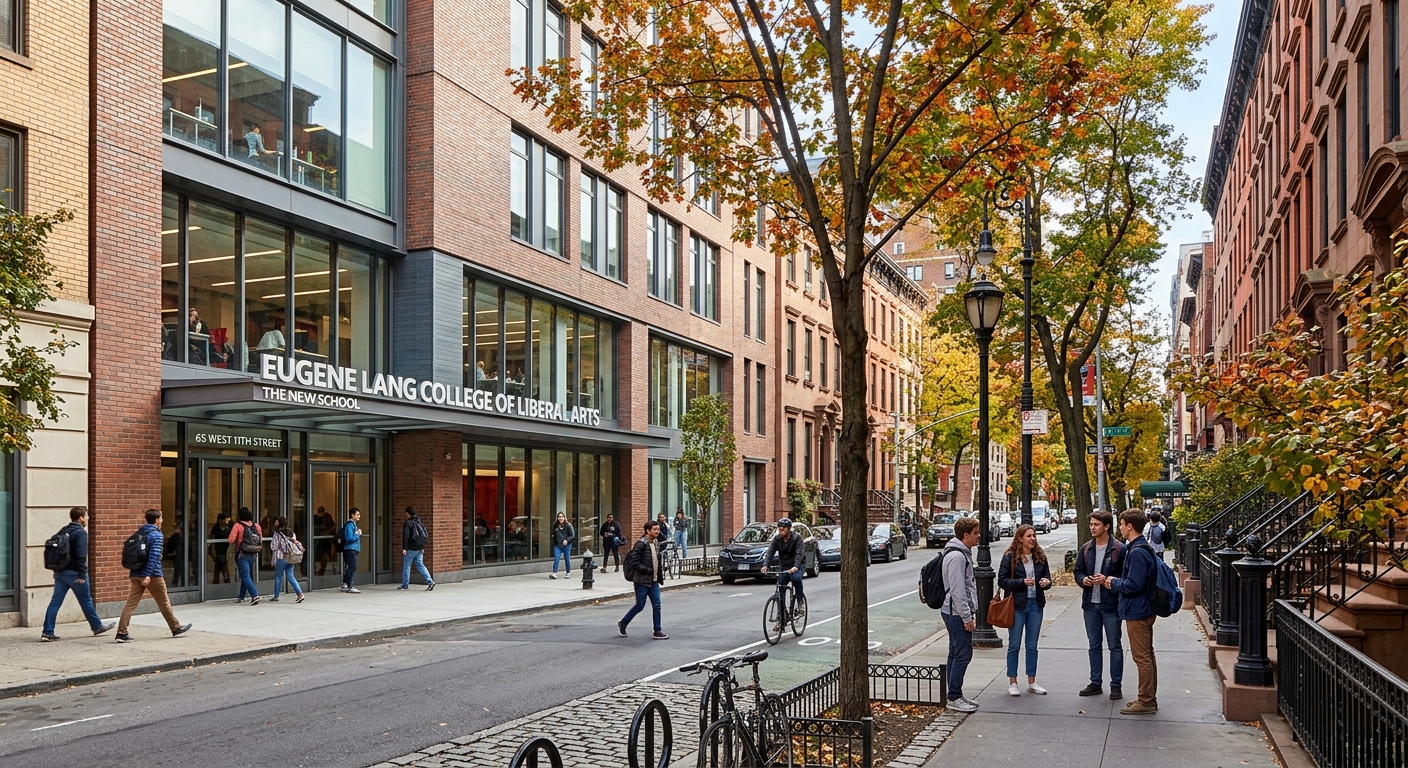 Modern university campus building in Greenwich Village New York City, students walking along tree-lined streets with brownstone architecture, Eugene Lang College of Liberal Arts signage visible, vibrant urban academic setting