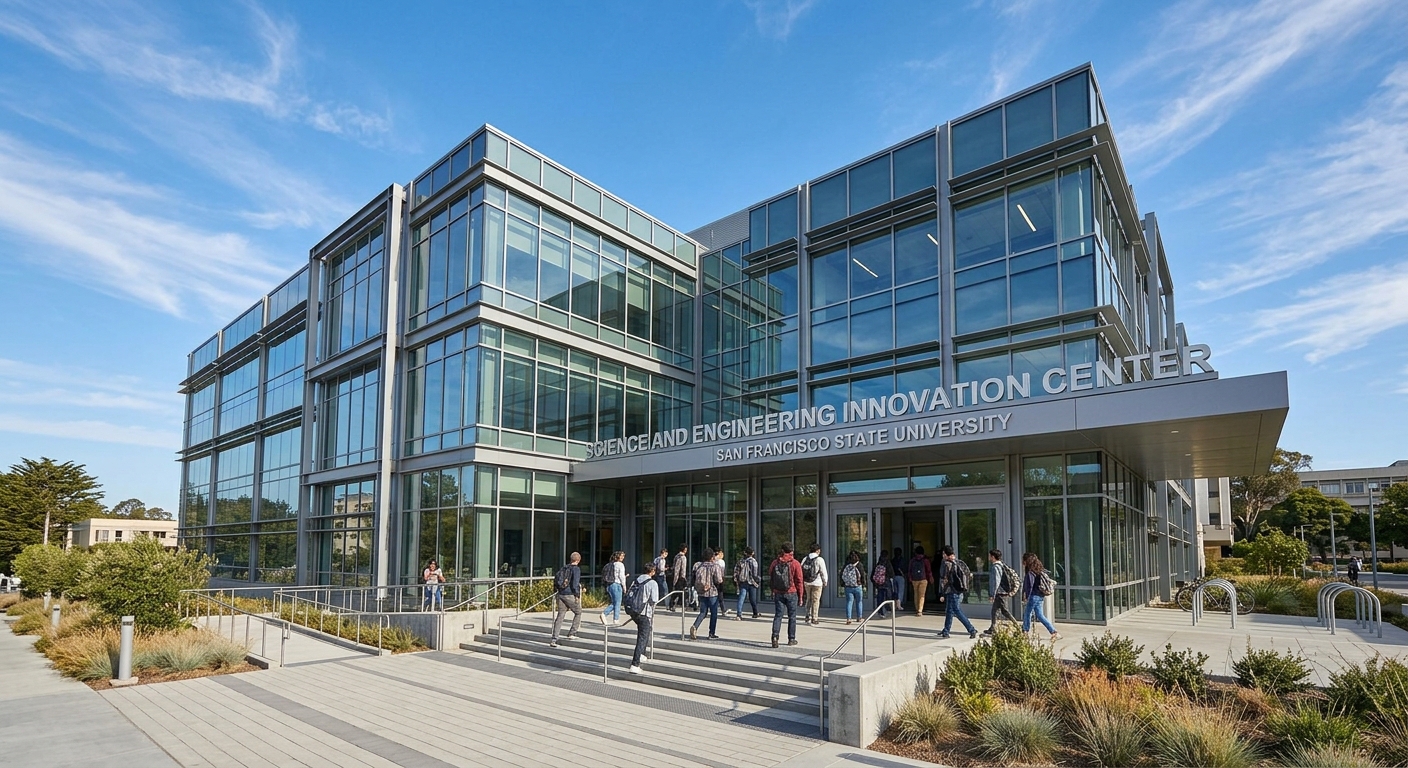 SFSU Science and Engineering Innovation Center, modern glass and steel building, students entering through main entrance, sunny day with blue sky