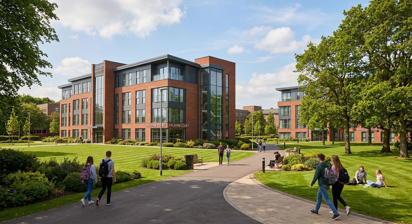 Edge Hill University campus accommodation blocks, modern brick and glass student residences surrounded by green lawns and mature trees, peaceful setting