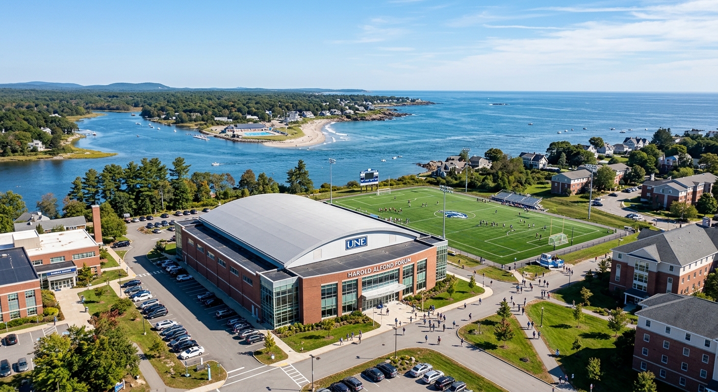 University of New England Biddeford campus with the Harold Alfond Forum athletics complex, coastal Maine setting with the Saco River meeting the Atlantic Ocean, students walking near modern sports facilities under clear skies