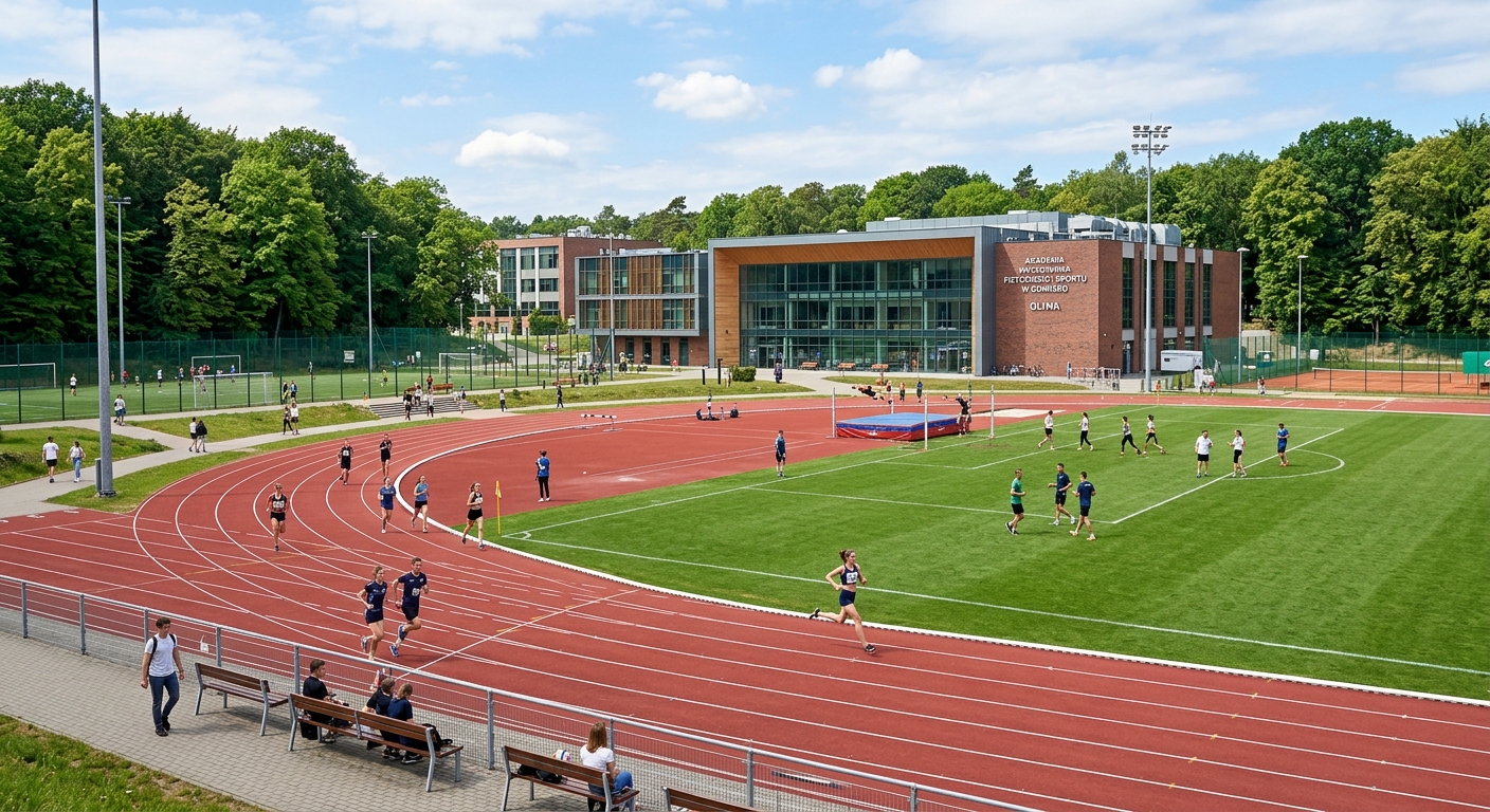 Modern sports university campus in Gdansk Oliwa district, outdoor athletics track surrounded by green trees, students training on sports fields, university buildings in the background, bright sunny day in Poland