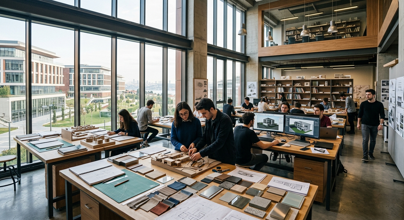 Modern interior architecture design studio at Istinye University Istanbul, students working on architectural models and digital renderings, large windows with natural light, design materials and fabric samples on tables, contemporary campus building