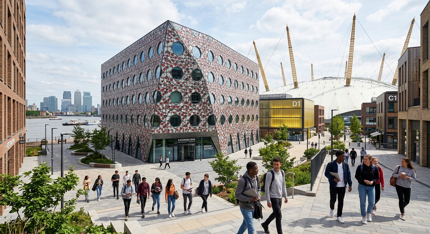 Modern Ravensbourne University London campus building on Greenwich Peninsula with geometric facade, O2 Arena visible in background, students walking through Design District, bright daylight, contemporary architecture
